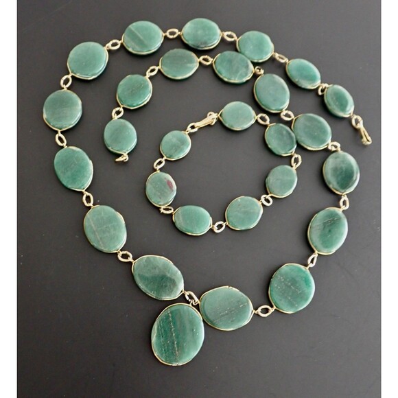 Green Aventurine Necklace & Matching Bracelet Stone Disk Gold Tone Wire Links - Picture 11 of 16